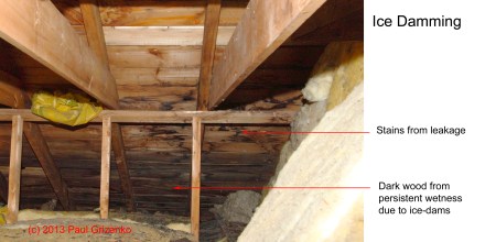 Image shows leakage and persistent wetness of the decking.  Water has entered insulation and the gyproc underneath.