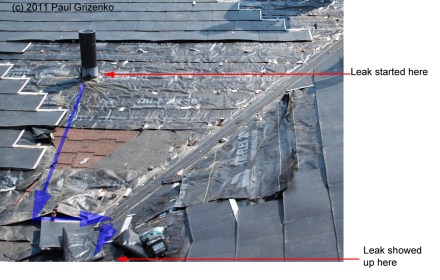 Old shingles left on, contributed to channeling leak to different location